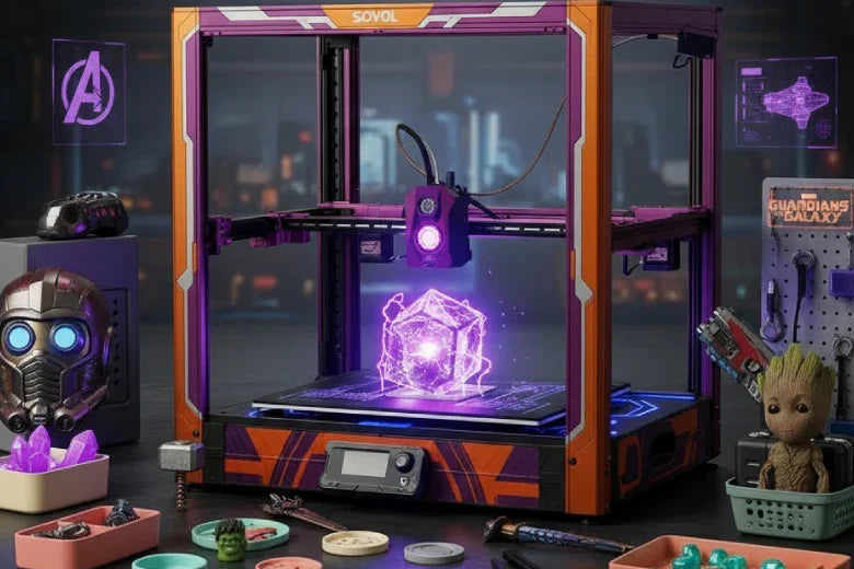 Guardians of the Galaxy themed 3D printer with Star-Lord mask, Groot toy, and sci-fi props