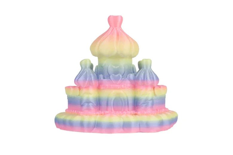 Rainbow pastel castle-shaped squishy toy on white background