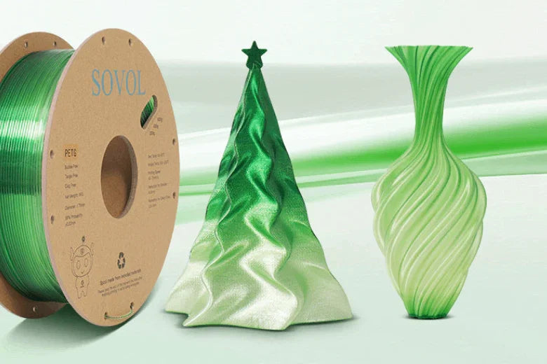 Green Sovol PETG 3D printer filament spool, 3D printed tree, and spiral vase