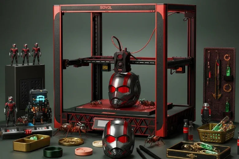 3D printer making red and black helmet, surrounded by Ant-Man figures, props, and tools.