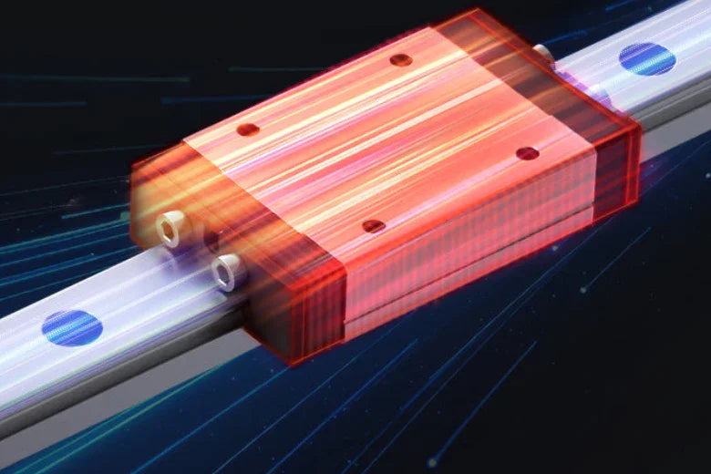 Linear guide rail system with red block slider on metallic track, futuristic background