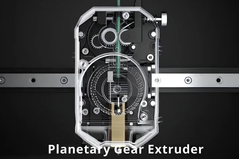 Planetary gear extruder diagram with visible gears in transparent casing