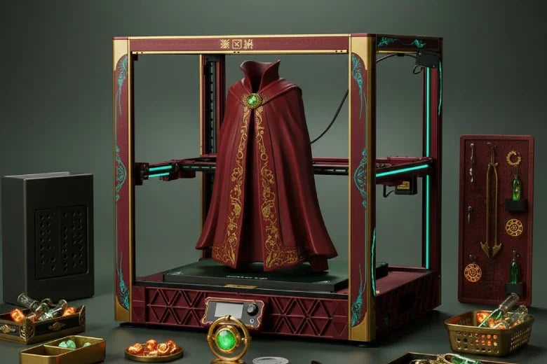 3D printer creating a detailed red fantasy cloak with gold trim, surrounded by magical props