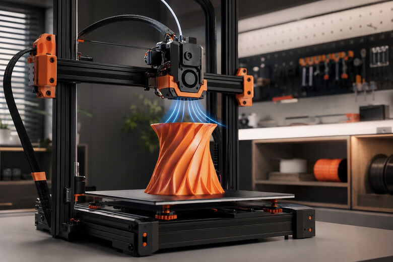 FDM-3D-Drucker mit gezielter Bauteilkühlung an einem orangefarbenen Modell