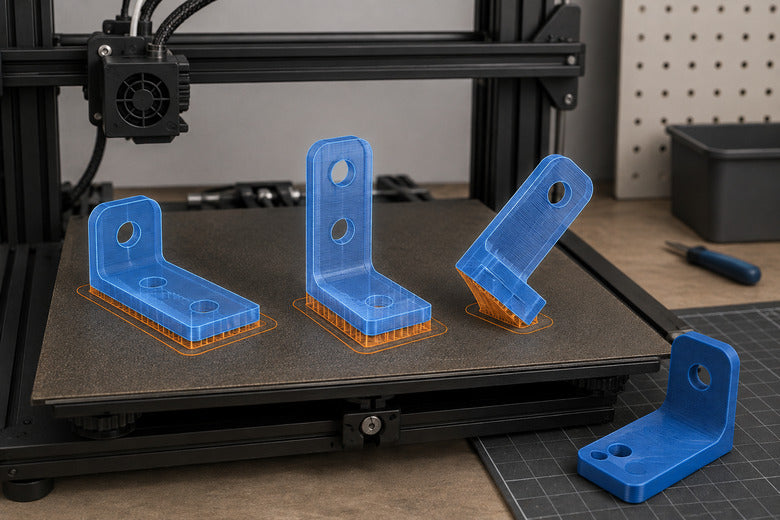Dasselbe 3D-Modell in drei unterschiedlichen Druckausrichtungen auf dem Druckbett