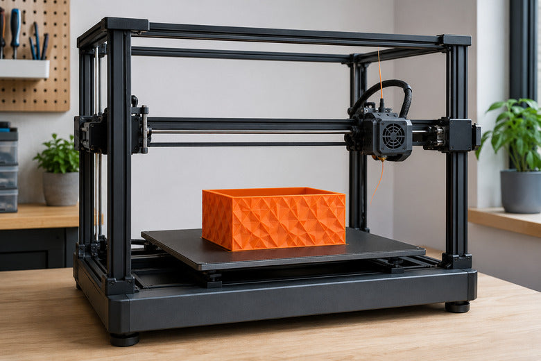 Pausierter FDM-3D-Druck mit geparktem Druckkopf und sicher haftendem Bauteil