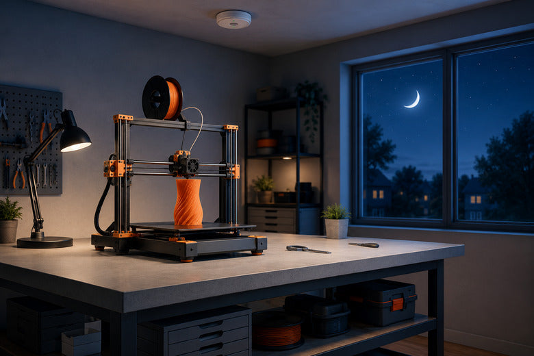 3D-Drucker bei einem langen Druck am Abend in einer aufgeräumten Werkstatt