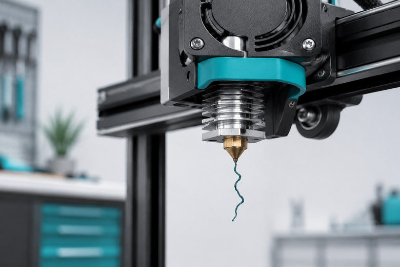 Teilweise verstopfte Düse eines FDM-3D-Druckers mit ungleichmäßig austretendem Filament