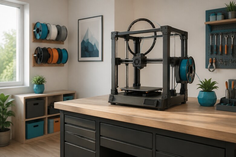 3D-Drucker an einem stabilen und aufgeräumten Standort im häuslichen Hobbyraum