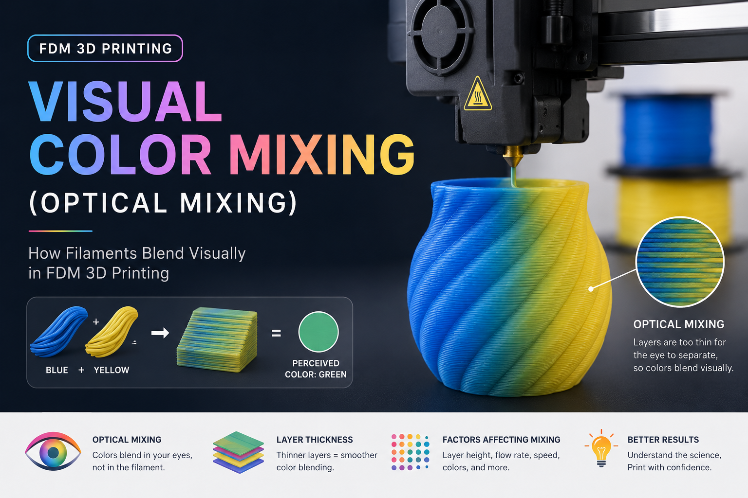 Visual color mixing in FDM 3D printing (optical mixing)