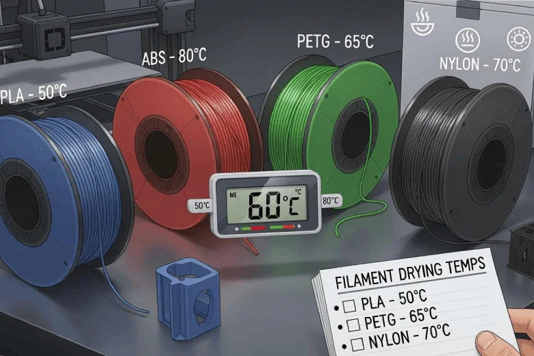 Four 3D printer filament spools labeled PLA 50°C, ABS 80°C, PETG 65°C, NYLON 70°C, with drying temperature chart.
