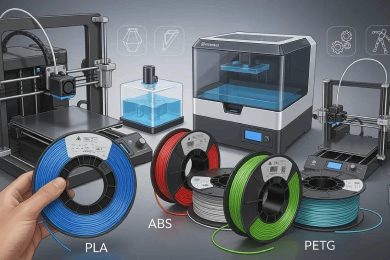 Different 3D printer filament types PLA, ABS, PETG with 3D printers and spools displayed