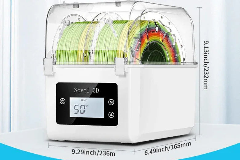 Sovol 3D filament dryer box with spools, digital display, and size dimensions shown