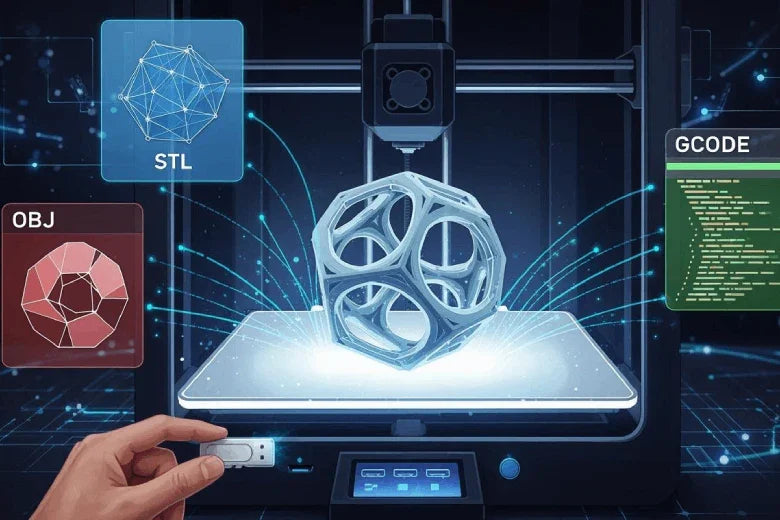3D printer with geometric object, STL, OBJ, GCODE file formats illustrated