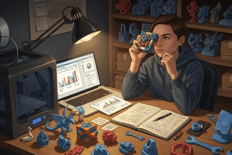 Person analyzing 3D printed products at desk with laptop, charts, and 3D printer