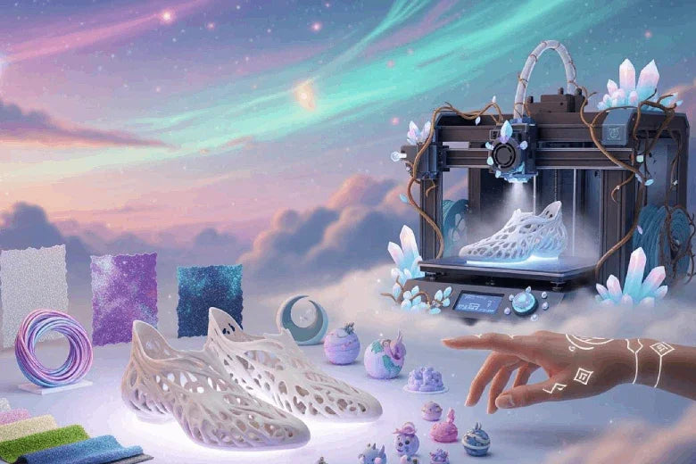 3D printer creating futuristic shoes with fabric swatches and materials in a magical cloud setting