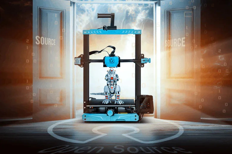 Open source 3D printer creating robot model in illuminated digital room