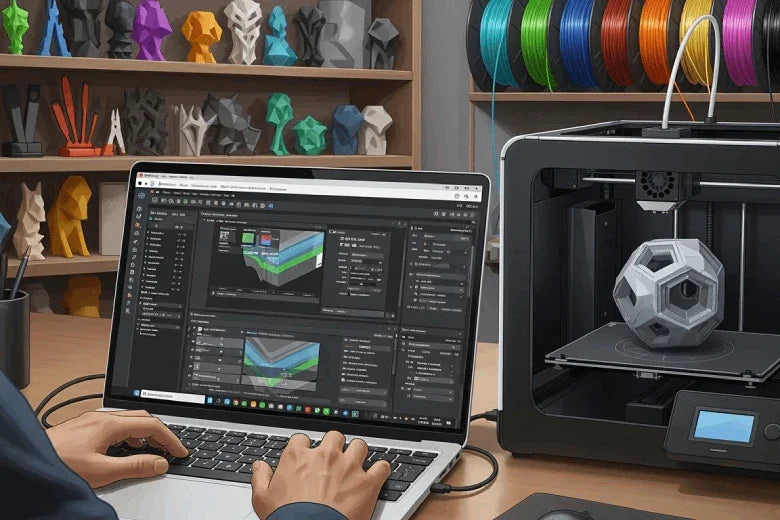 Person setting up Cura Slicer for 3D printer with filament spools in workspace