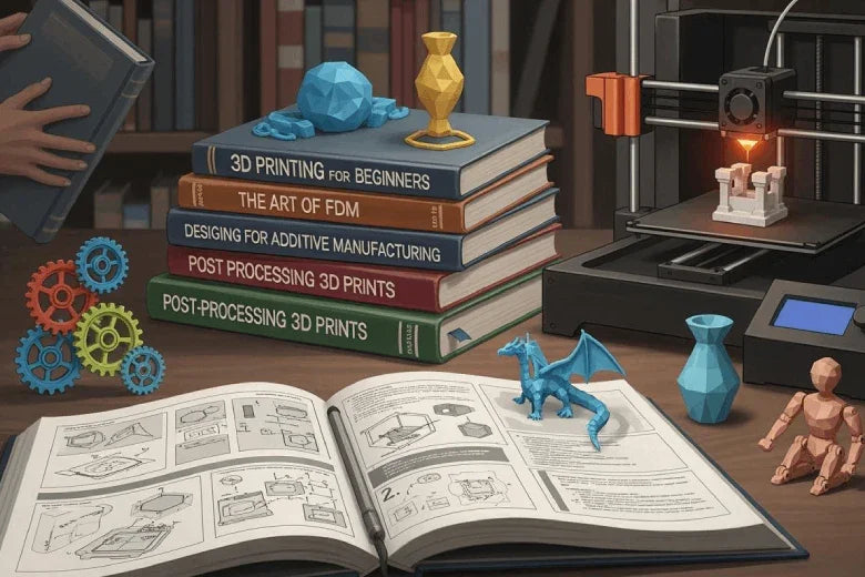 3D printing books, open manual, 3D printer, and printed models on a desk