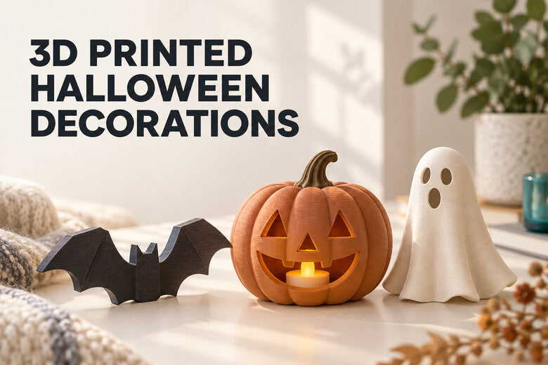 3D printed Halloween decorations: pumpkin LED lantern, bat, and ghost with article title