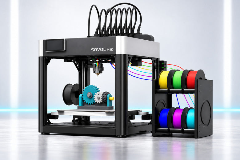 Sovol M1D mit mehrfarbig gedrucktem Zahnradmodell im Vergleich von Toolchanger und Single-Nozzle-System