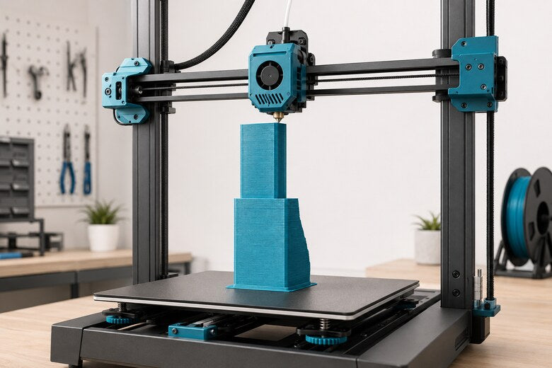 3D-Drucker mit deutlich seitlich versetzten Schichten an einem hohen Testmodell