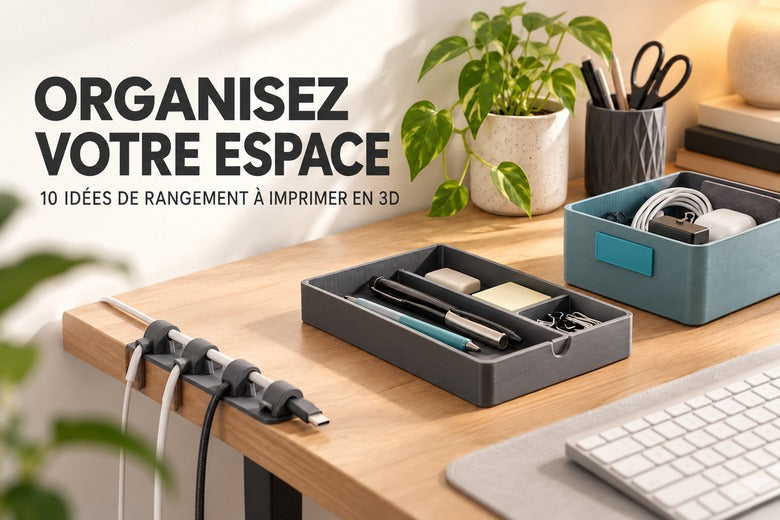 Organisateurs imprimés en 3D sur un bureau, avec le titre Organisez votre espace