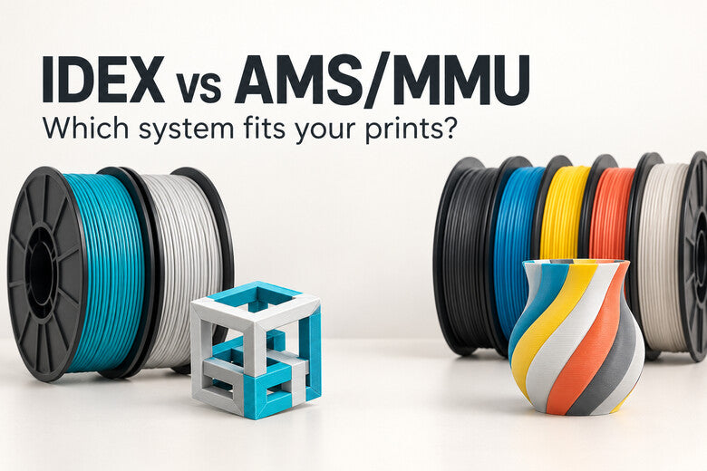 IDEX vs AMS/MMU comparison cover with filament spools and multicolor prints