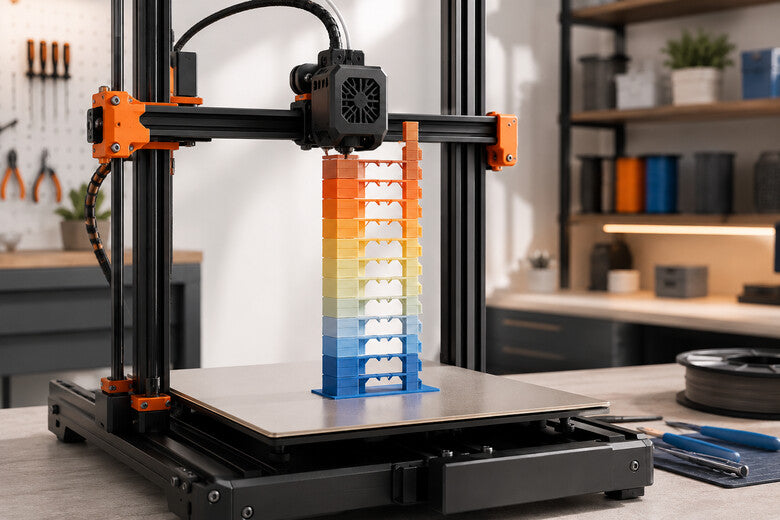 FDM-3D-Drucker druckt einen Temperaturturm mit mehreren Testsegmenten