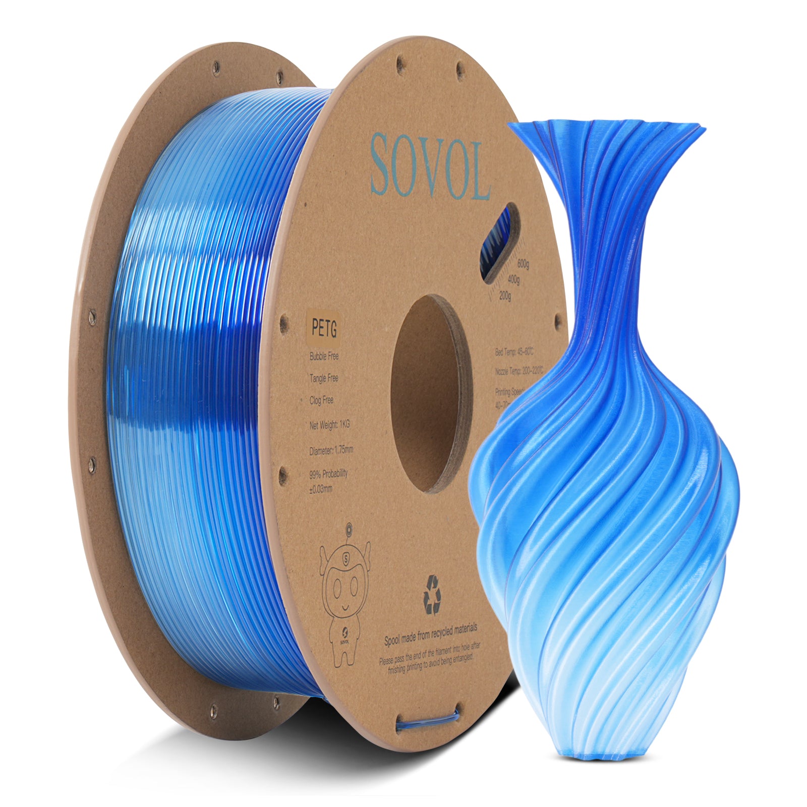 <tc>Sovol</tc> PETG-Filament mit Farbverlauf in Blau und Weiß