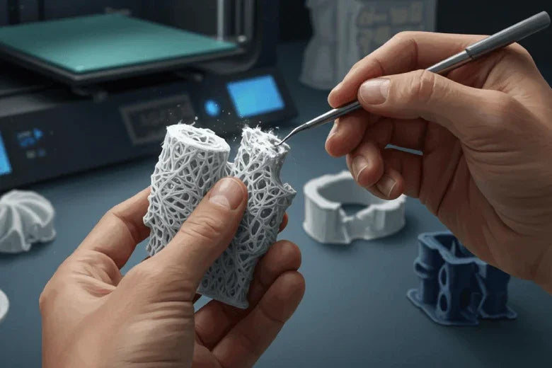 Hands finishing a white 3D printed mesh object with a tool beside a 3D printer.