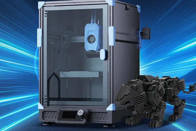 Enclosed 3D printer with blue accents and black mechanical panther model, blue streak background