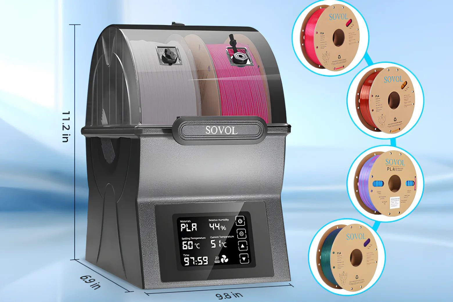 Sovol 3D printer filament dryer with digital display, showing multiple filament spools, product dimensions labeled.
