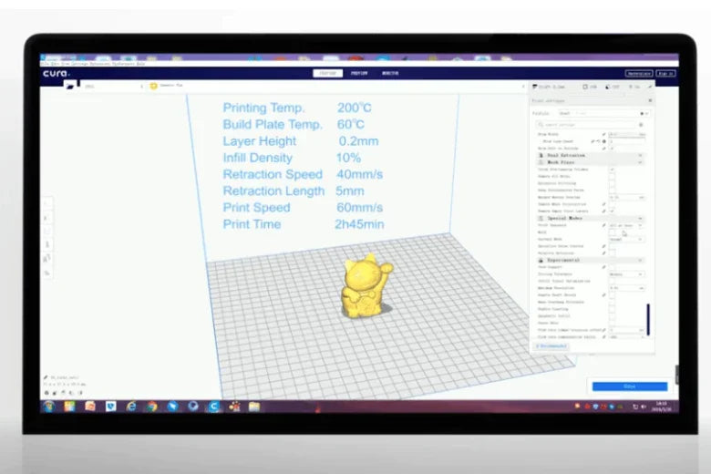 Cura 3D printer slicing software open on computer with yellow bear model and print settings