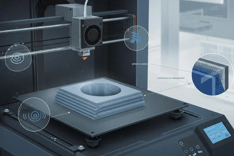 3D printer creating layered object with digital interface and material structure close-up