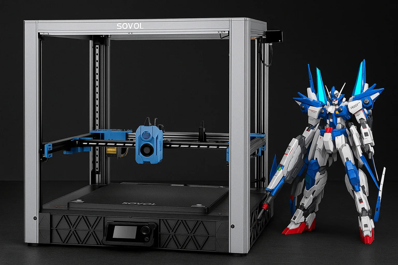 Sovol 3D printer beside a large blue and white mech robot on black background