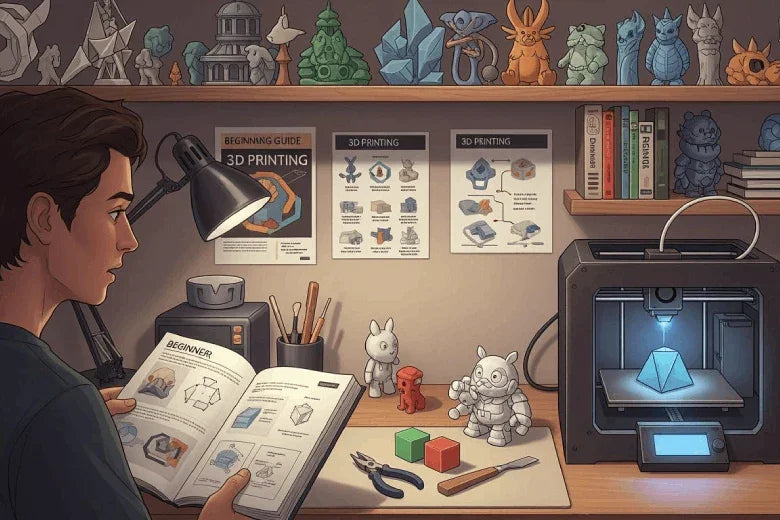 Person learning 3D printing with guidebook, 3D printer, and printed models on desk