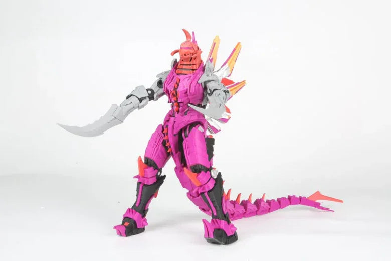 Pink and gray spiked dragon robot action figure with bladed arms and tail on white background