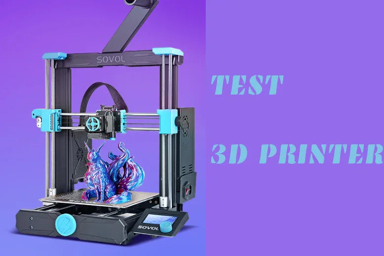 Sovol 3D printer printing colorful model, TEST 3D PRINTER text on purple background
