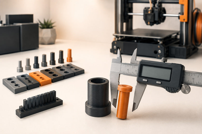 Messschieber, Passstifte und Testkörper zur Prüfung von 3D-Druck-Toleranzen