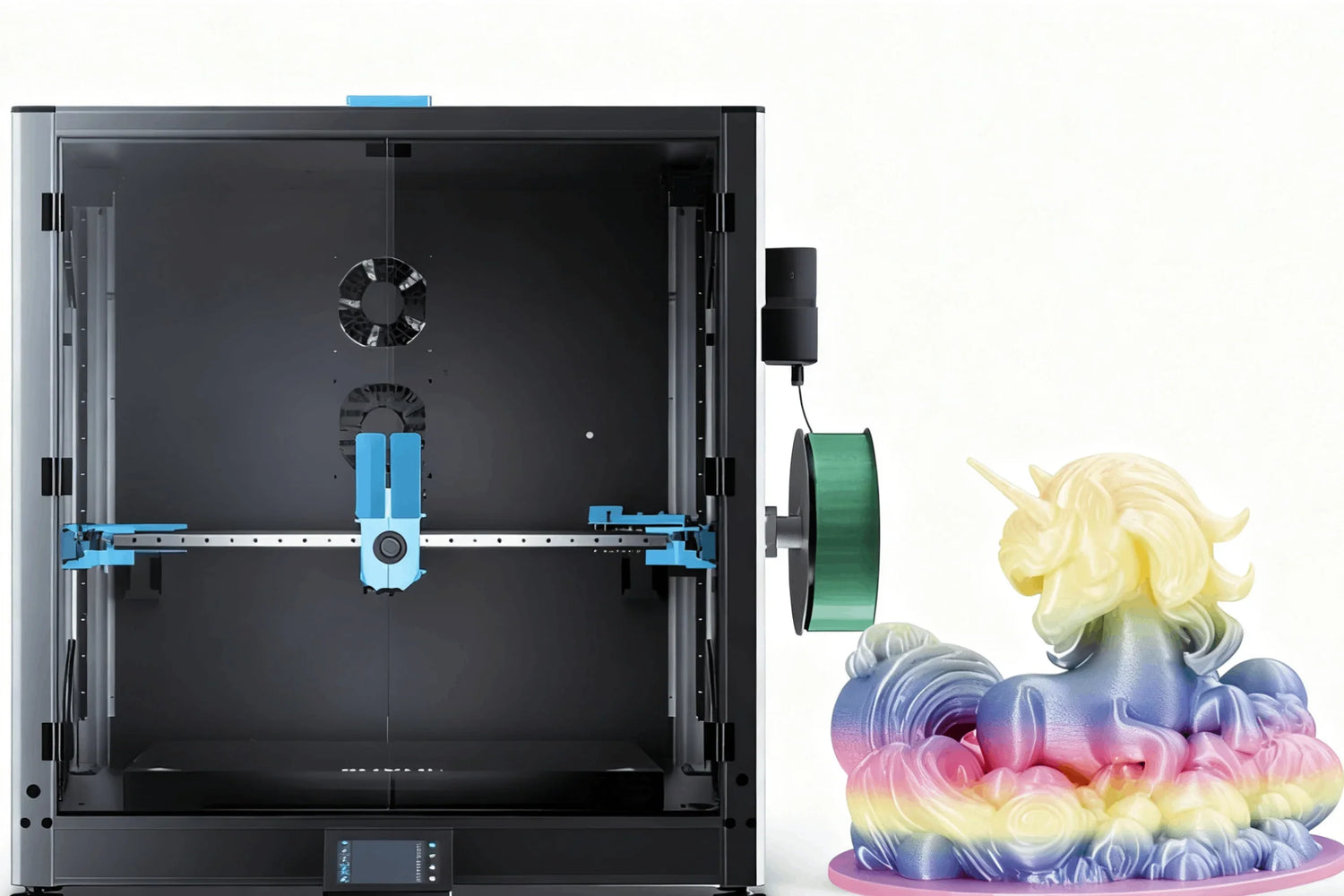 Large 3D printer with green filament and colorful unicorn figurine on white background