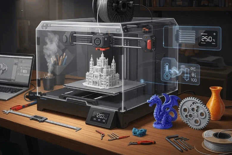3D printer with enclosure printing a white castle model, tools and 3D prints on desk