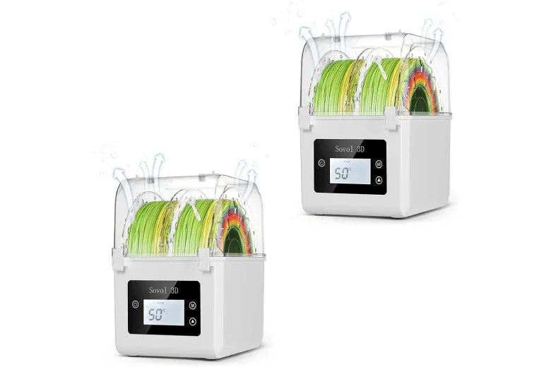 Two Sovol 3D filament dryers with digital displays and spools of filament inside