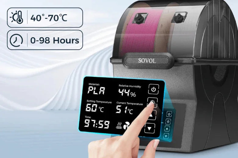 Sovol dual-filament dryer with digital touchscreen, showing temperature and humidity controls.