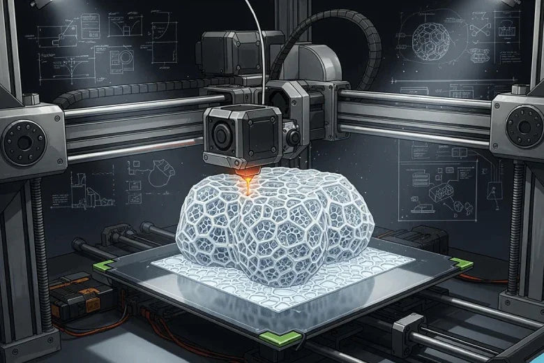 3D printer creating Voronoi structure on build plate, technical blueprints in background