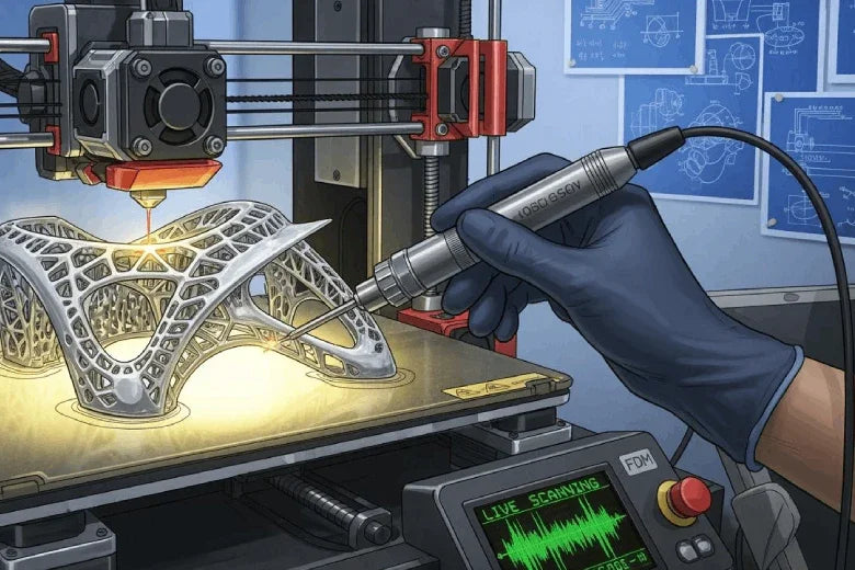 Eddy current scanning kit inspecting 3D printed metal lattice structure on printer bed