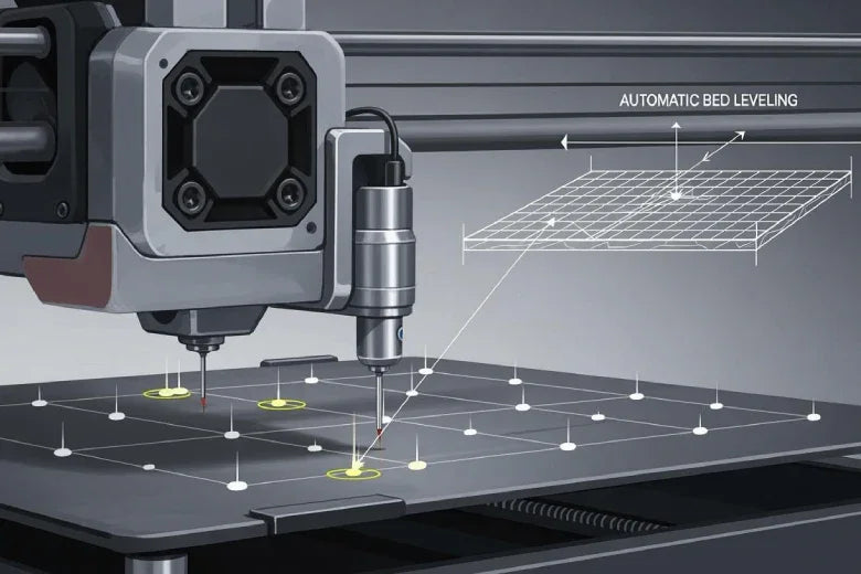 3D printer automatic bed leveling sensor measuring multiple grid points on print bed