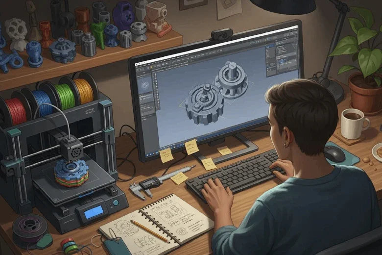 Person creating 3D print model on computer with 3D printer and filament spools nearby