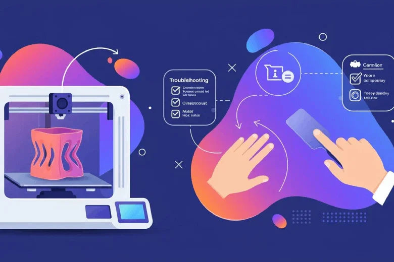 3D printer printing warped object, troubleshooting tips and hands pointing at interface, 3D printing problem