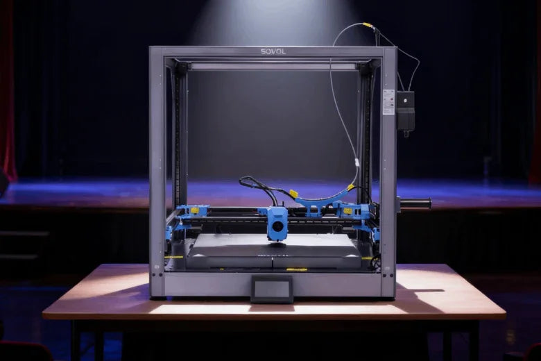 Sovol 3D printer on a wooden table in a spotlight, stage background, 3D printing equipment